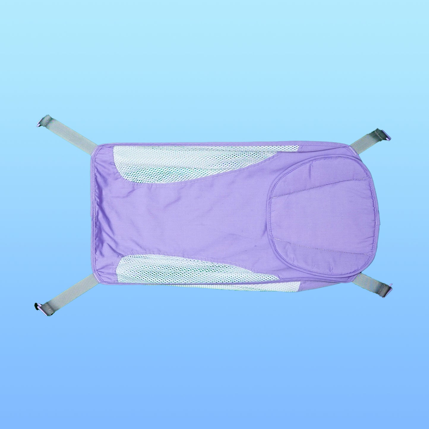 Purple baby bath hammock attached to a safety bathtub, designed for newborn comfort and support in the bath tub.