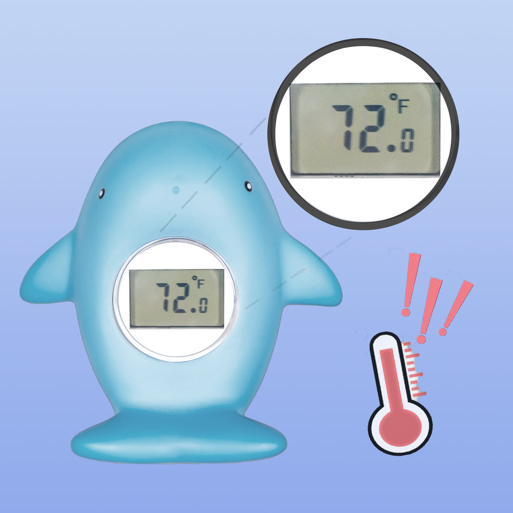 Blue Tubee Whale Thermometer floating in a baby bath tub, perfect for monitoring water temperature in any safety bathtub or the bath tub.